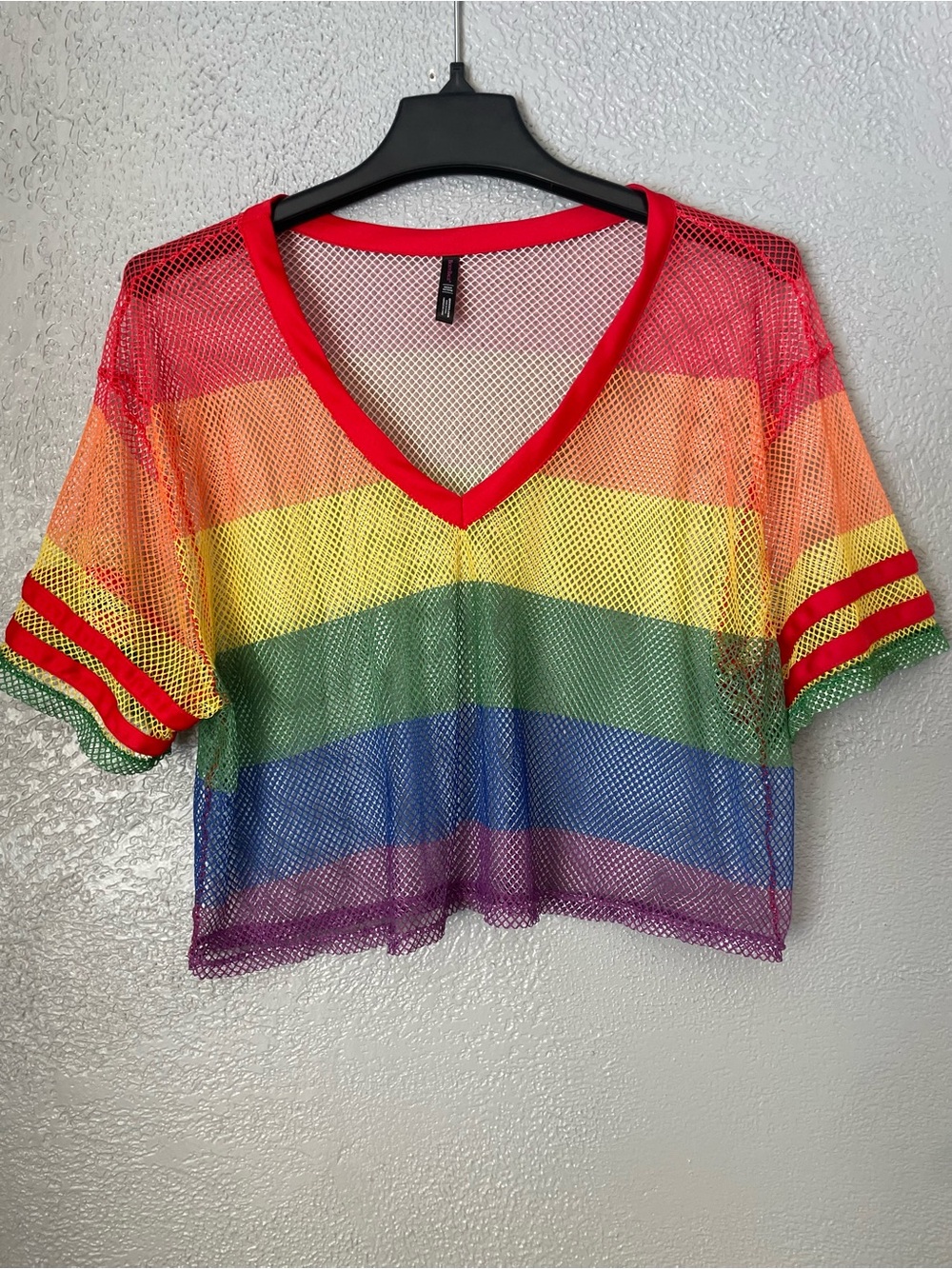 Striped Rainbow Mesh V-Neck Crop Top - Multicolor